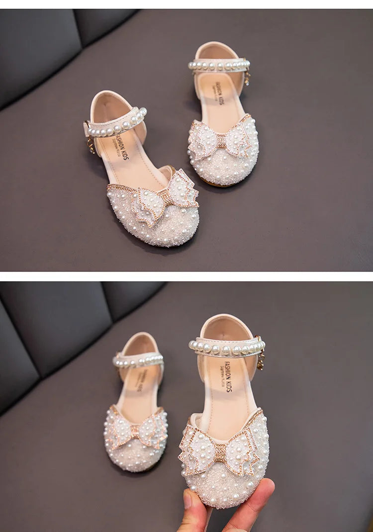 2026 Spring New Girl Sandals Cute Bow Pearl Sequins Kid Princess Shoes Flat Heels children Dancing 21-34