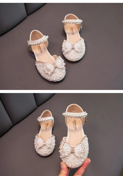 2026 Spring New Girl Sandals Cute Bow Pearl Sequins Kid Princess Shoes Flat Heels children Dancing 21-34