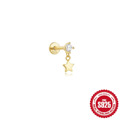 1PC Four Pointed Star Moon Tassel Lotus Cartilage Spiral Puncture 925 Sterling Silver Stud Earring For Women Ins Earring