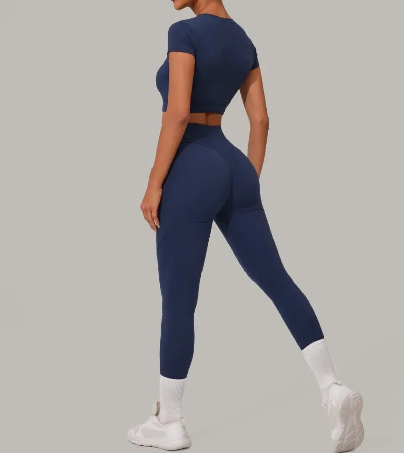 Gym Workout Yoga Fitness Sports Suit Short-sleeved Top Padded-free High-waisted Hip-lifting Trousers Outdoors Leisure Sportswear