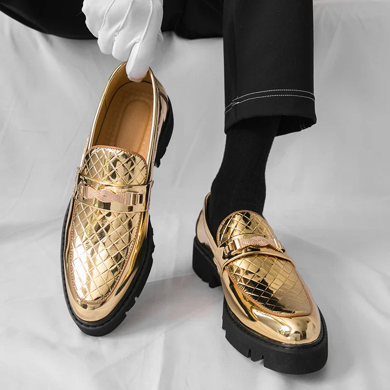 British Style Gold Luxury Loafers For Man Leather Shoes Design Pointed Toe Men's Dress Shoes Casual Wedding Formal Shoes Men