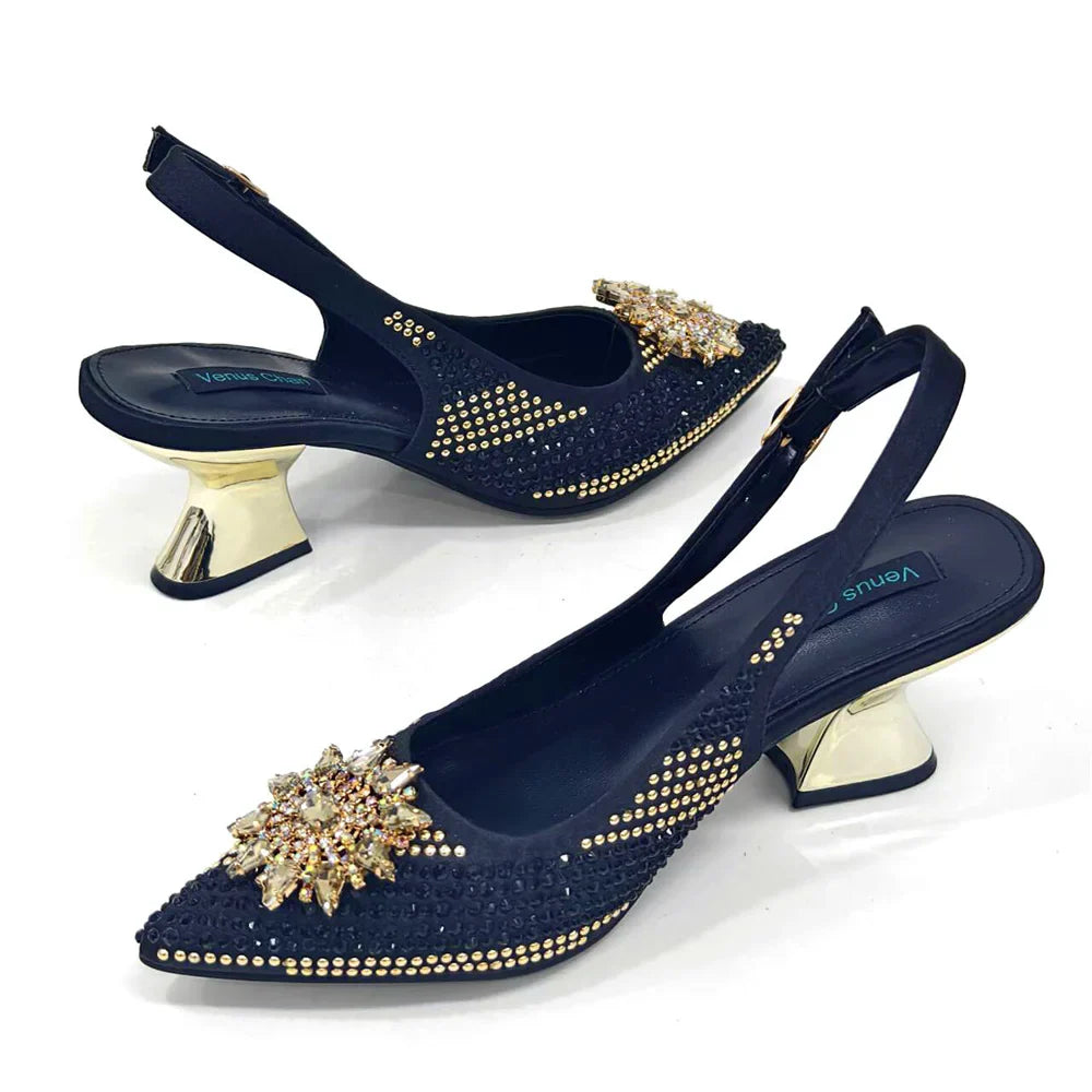 Specials Italian Women Heels Shoes and Bag Set Royal Purple Color Comfortable With Rhinestone for Party
