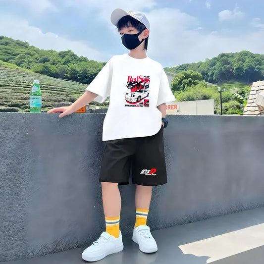 Summer Cool Boy Girl Tshirt Children T-shirt+Shorts Set Japanese manga racing car Fashion Print Toddler 3-12Yrs white clothing