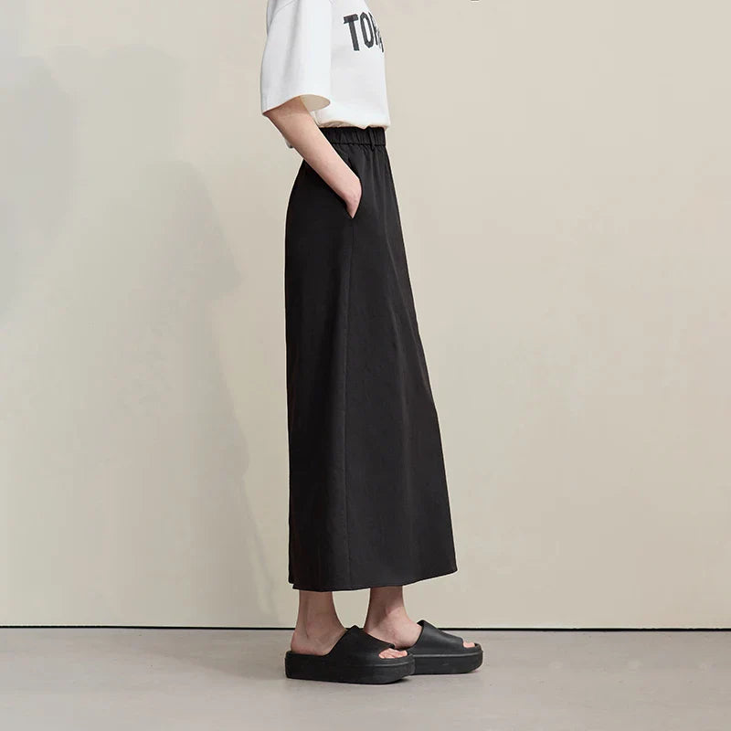 Women's Skirt 2026 Summer New Leisure Elastic Waist Slit A-Line Midi Skirt Women's Loose Embroidered Woman Clothes 12621058