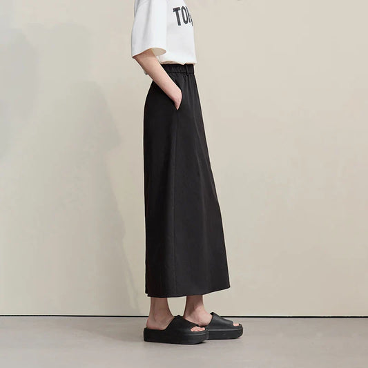 Women's Skirt 2026 Summer New Leisure Elastic Waist Slit A-Line Midi Skirt Women's Loose Embroidered Woman Clothes 12621058