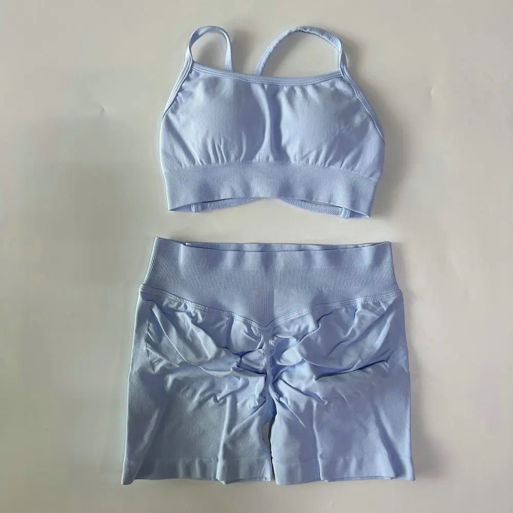 No Logo Women 2 Pieces Yoga Set Cross Straps Bra Beautiful Back Tops High Waist Sport Short Scrunch Bum Workout Short Gym Suit
