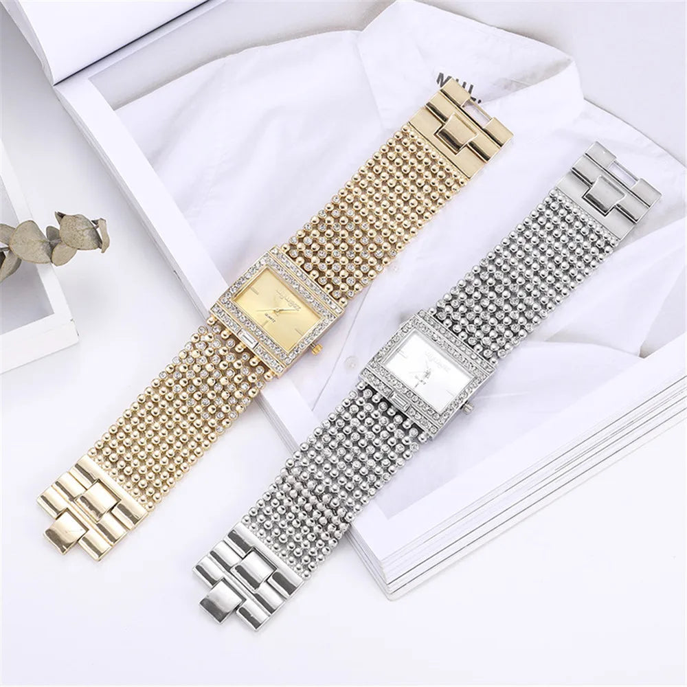 W25 Women's Square Quartz Watch Fashion Brand Light Luxury Stainless Steel Bracelet Girls' Diamond Inlaid Wristwatches