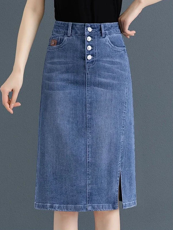Chubby High Waist Female Jeans Skirts Blue Women's Denim Skirt with Pocket Midi To Knees Length 2025 Trend New in Y2k Vintage V