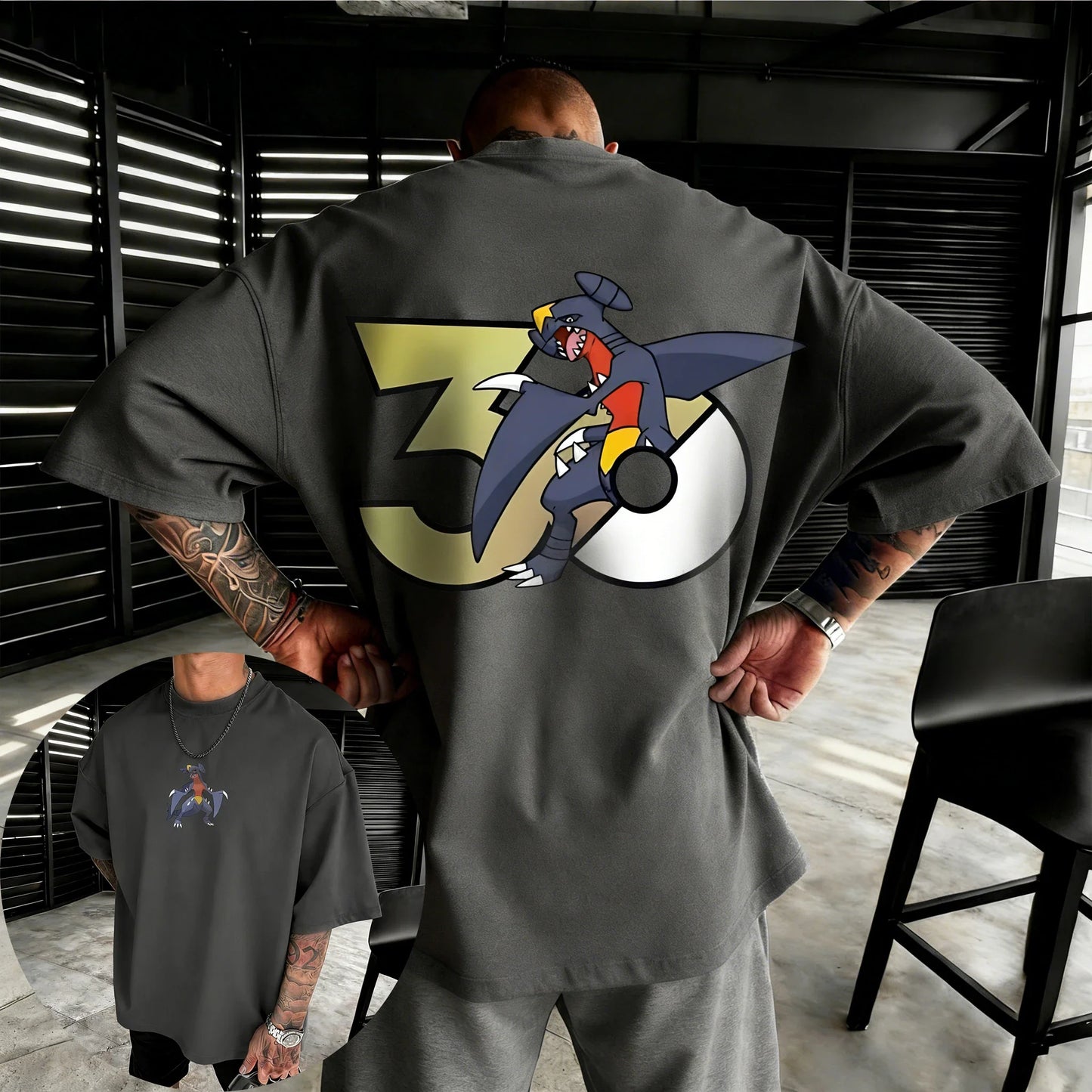 30th Anniversary Garchomp Printed T-shirt Summer Men's and Women's Loose Casual Hip Hop Trendy Short Sleeve Top