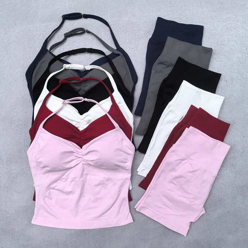 New Seamless Yoga Set Women 2Pcs Padded Halter Tank Top Scrunch Butt Lifting Gym Shorts Set Summer Sportswear Workout Clothes