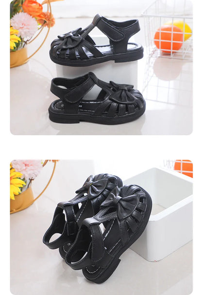 Cute Girls Sandals Bow Peep-toe 2023 New Soft Hook & Loop Beige Kids Princess Shoes Casual Shoes PU Cute Children Shoes Non-slip