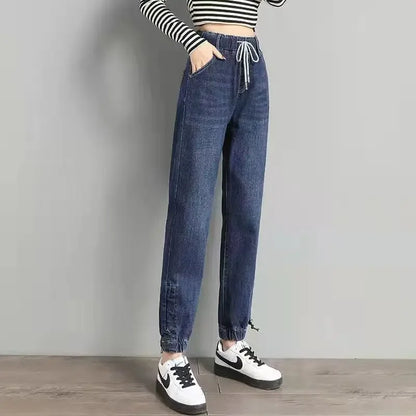 Women's Elastic Waist Denim Pants Cuffed Trendy Jeans