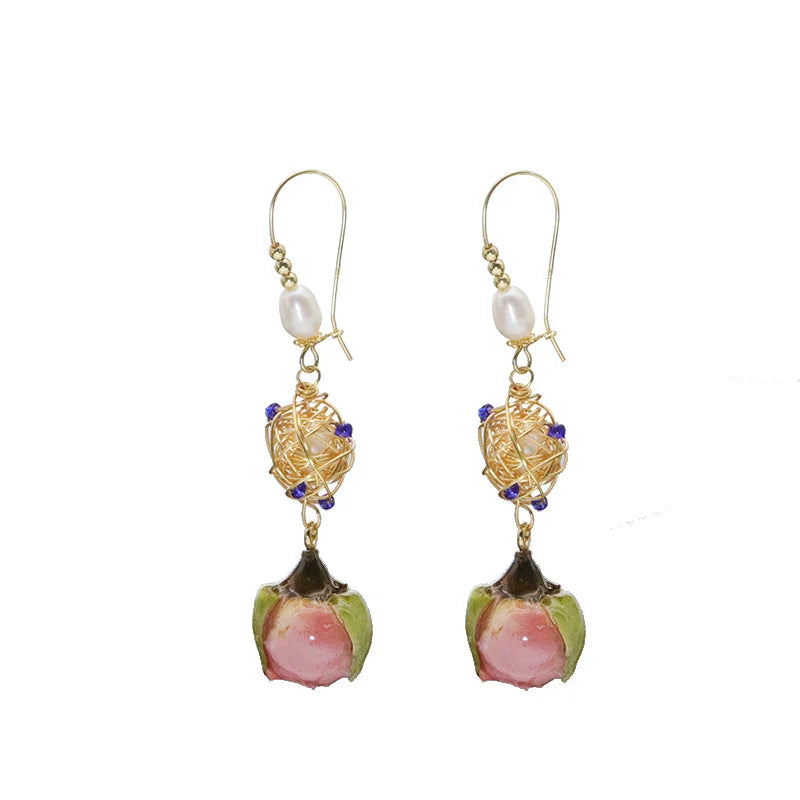Natural Freshwater Pearl Enamel Resin Flower Earrings Korean Style Women's Luxury Vintage Jewelry Fashion Ladies and Girls Gift