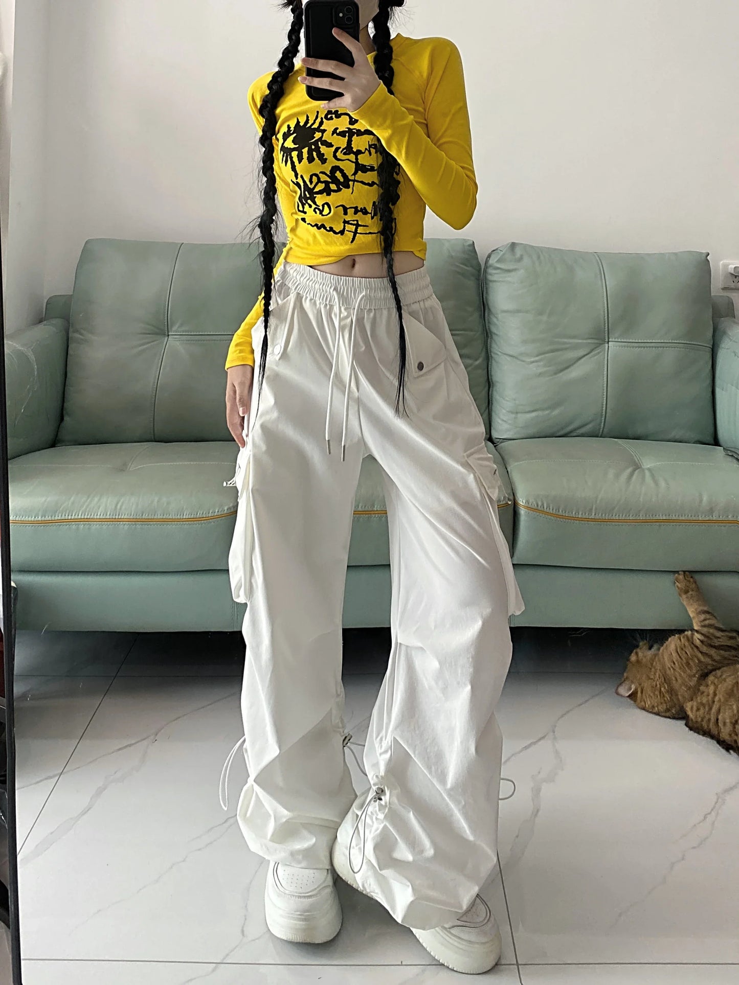 2026 New American Style Large Pocket Cargo Pants Women's Spring Summer Wide Leg Pants Loose Slimming Casual Sports Pants