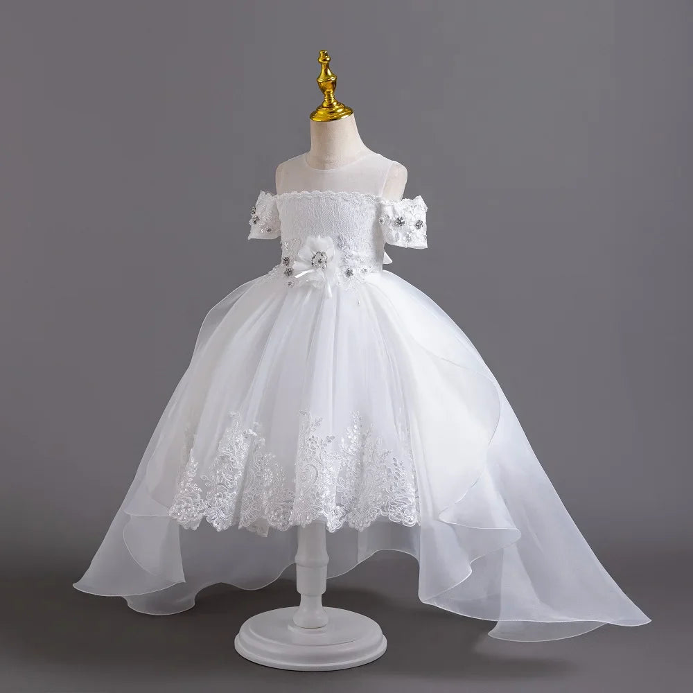 2026 New Summer Flower Girl Graduation Performance Tailcoat Embroidered Party Dress Trailing Tulle3-11 Years Old The Girl Dress