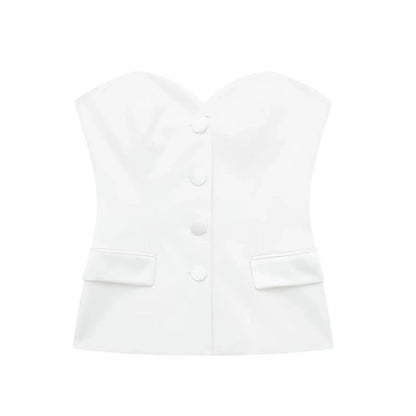 Summer Women Elegant White Top Front Button Corset Tube Top Strapless Sleeveless 2024 Fashion Y2k Female Chic Top