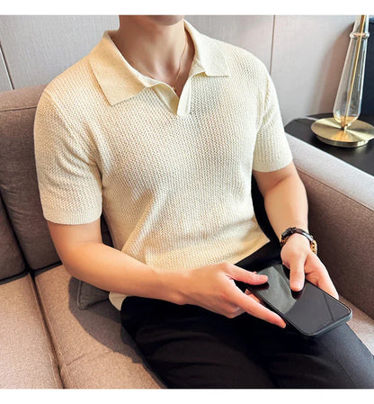 Hollow Knitted Short-Sleeved T-shirt, V-neck Brown Polo Shirt, High-End Quality, Cool, Luxury Genuine Goods，Slim Top