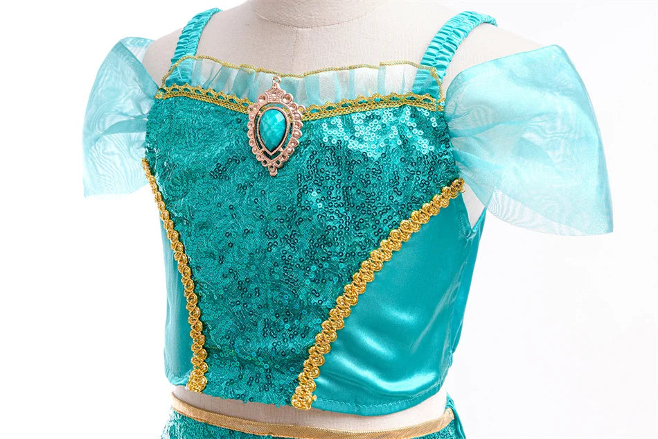 Aladdin Princess Girl Dress Jasmine Two-piece Set Kids Film Role Play Costume Halloween Party Clothes Children Birthday Gift