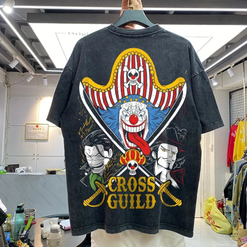 Summer Men's Washes T-shirts Japanese Anime ONE PIECE Buggy Graphic Clothing Harajuku Y2K Oversized 100% Cotton Half-sleeve Tops