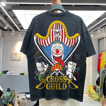 Summer Men's Washes T-shirts Japanese Anime ONE PIECE Buggy Graphic Clothing Harajuku Y2K Oversized 100% Cotton Half-sleeve Tops
