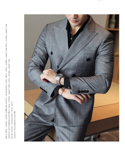 S-5XL ( Blazer + Pants ) Men's High-end Brand Formal Double Breasted Suit Gray 2 Piece Set Wedding Dress Plaid Suit Groom Party