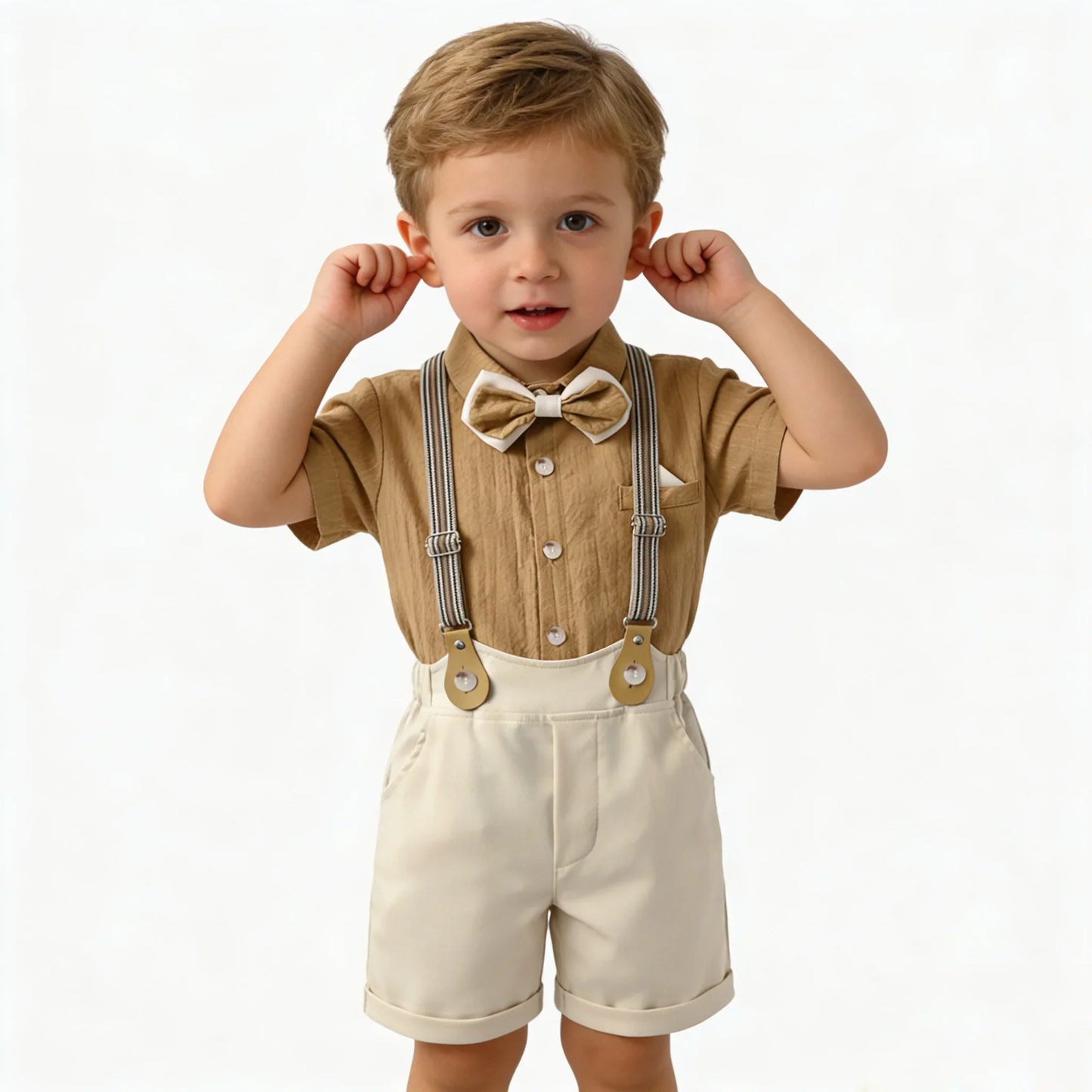Kids Clothes Set Toddler Boys Gentleman Suit Khaki Short Sleeve Shirt with Bow Tie Shorts Formal Outfit Wedding Birthday Party