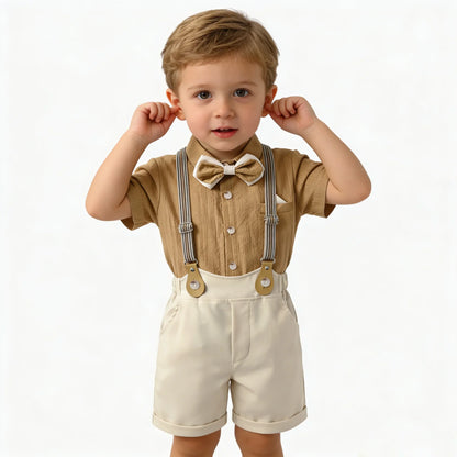 Kids Clothes Set Toddler Boys Gentleman Suit Khaki Short Sleeve Shirt with Bow Tie Shorts Formal Outfit Wedding Birthday Party