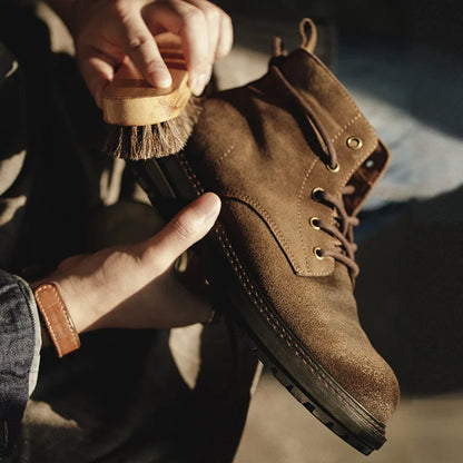 Men Vintage Split Suede Fleece-lined Boots Brown High-Top Work Boots Lace-Up Desert Ankle Rugged Sole Boots Outdoor Shoes