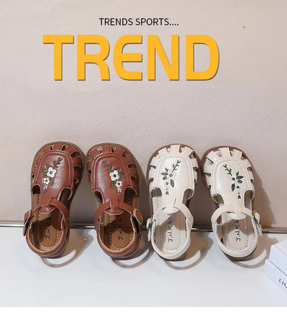 Traditional Chinese Embroidery Kids Shoes for Girl Sandals Summe Retro Princess Shoes Roman Style Girls Leather Shoes Kid F05173