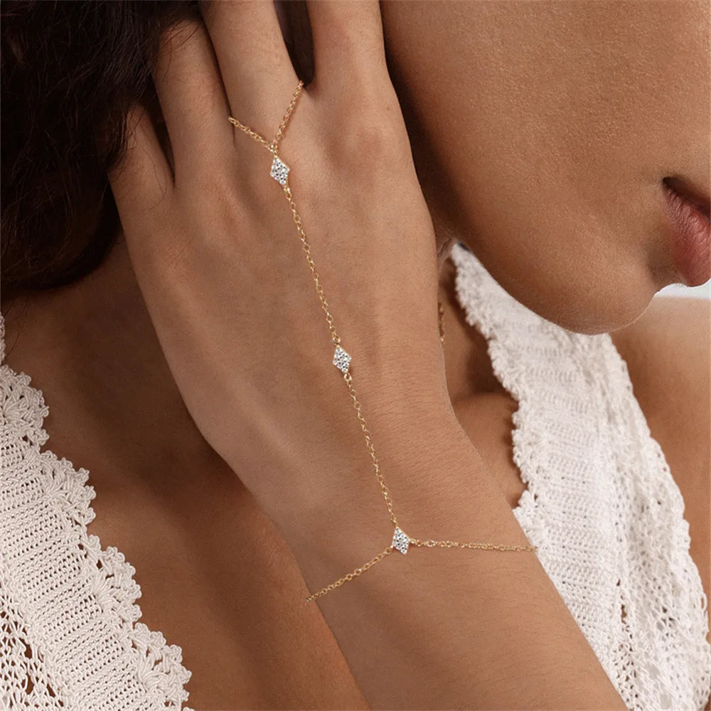 Dainty 5A Zircon Finger Ring Chain Bracelets Flower High Carbon Bracelet for Women Girl Adjustable s925 Silver Jewelry Gift