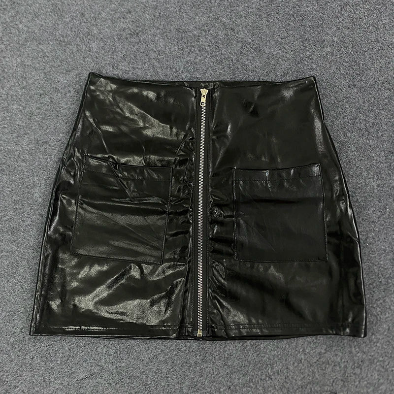 Women's Spring Casual PU Leather Short Skirt Black Mini Sexy Versatile Double Pocket Decoration Fashionable Spring Wear