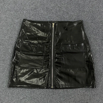 Women's Spring Casual PU Leather Short Skirt Black Mini Sexy Versatile Double Pocket Decoration Fashionable Spring Wear