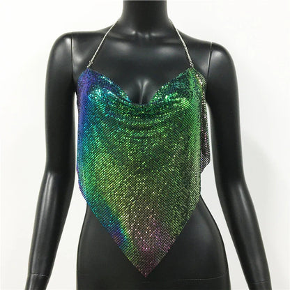 Women Solid Sequined Metal Camis Top 2025 Sexy Halter Backless V Strappy Party Nightclub Vest Cropped Tops