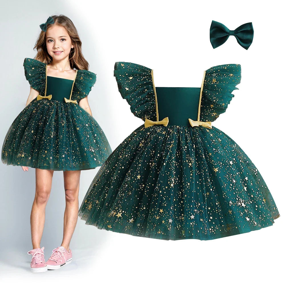 Princess Dress for Girls Sequined Star Ruffle Bow Tutu Gown Baby Formal Gala Prom Gown Kids Evening Party Costume
