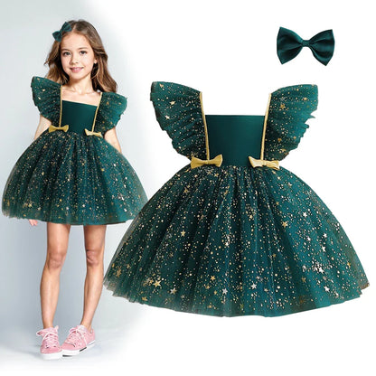 Princess Dress for Girls Sequined Star Ruffle Bow Tutu Gown Baby Formal Gala Prom Gown Kids Evening Party Costume