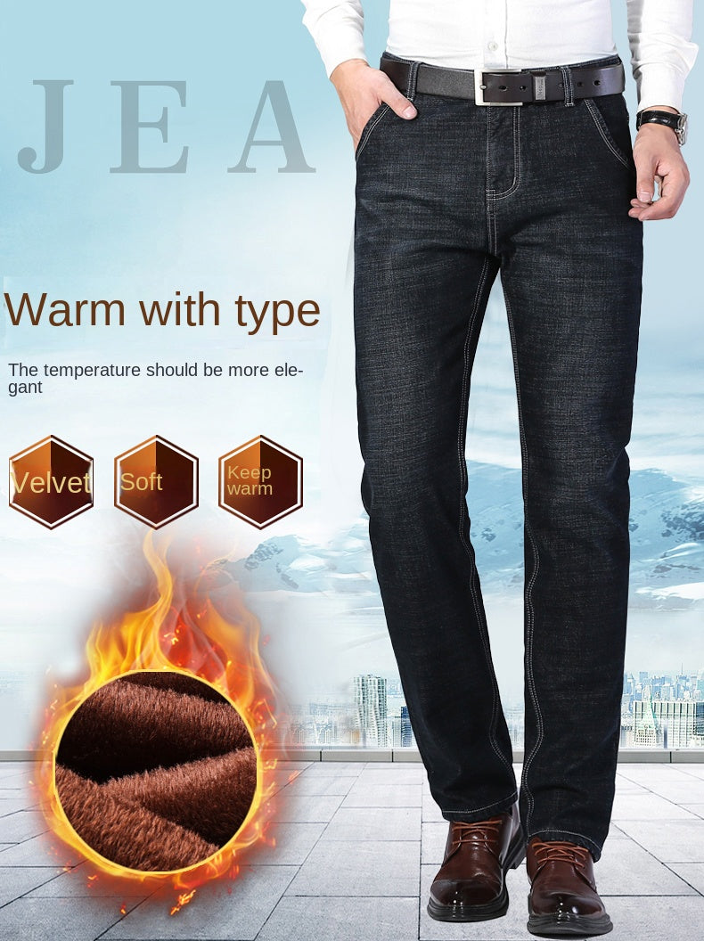 2023 Winter Men Black Blue Straight Stretch Denim Thick Velvet Pants Warm Jeans Casual Fleece Line Trousers Male Plus Size