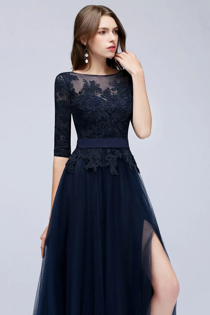 Scoop Neckline Zipper Up Tulle Long Floor-length Dresses Lace Applique Half Sleeve High Split Wedding Evening Party Prom Gowns