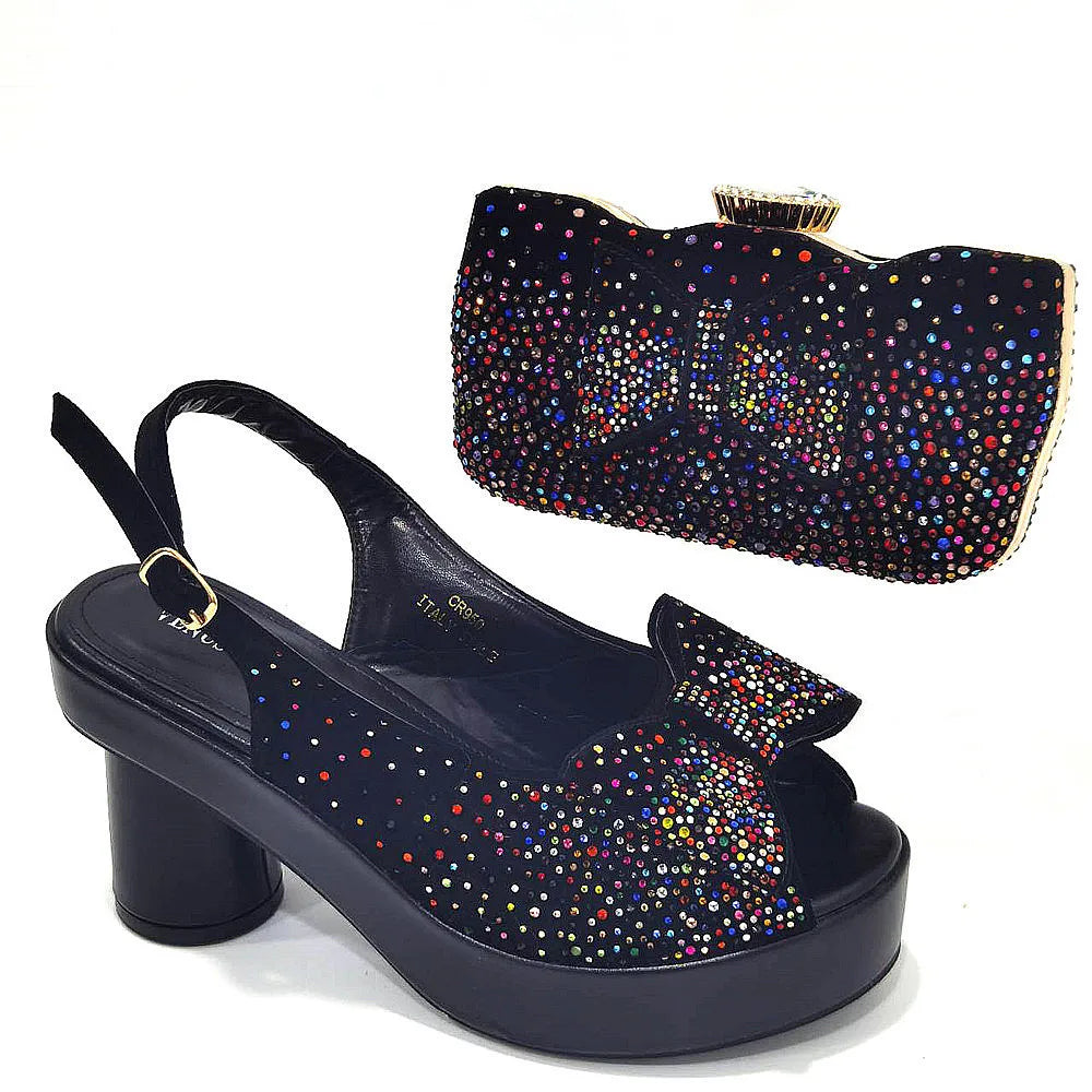 Silver Fashion Square Heels with Platform African Women Shoes and Bag Set Full Crystal Pumps for Wedding Party