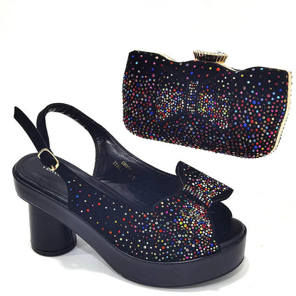 Silver Fashion Square Heels with Platform African Women Shoes and Bag Set Full Crystal Pumps for Wedding Party
