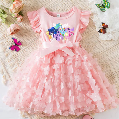 My Little Ponys Girls Summer Dress Cartoon Bow Tutu Dress 3D Butterfly Cotton Party Casual Dress for Baby 2-6Y