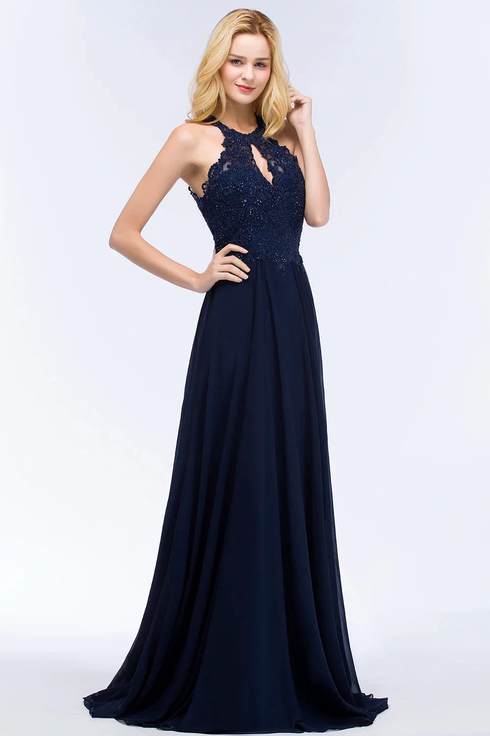A-line V-neckline Chiffon Lace Pearls Beadings Floor-length Prom Dress Sleeveless Evening Elegant Party Dresses For Women 2024