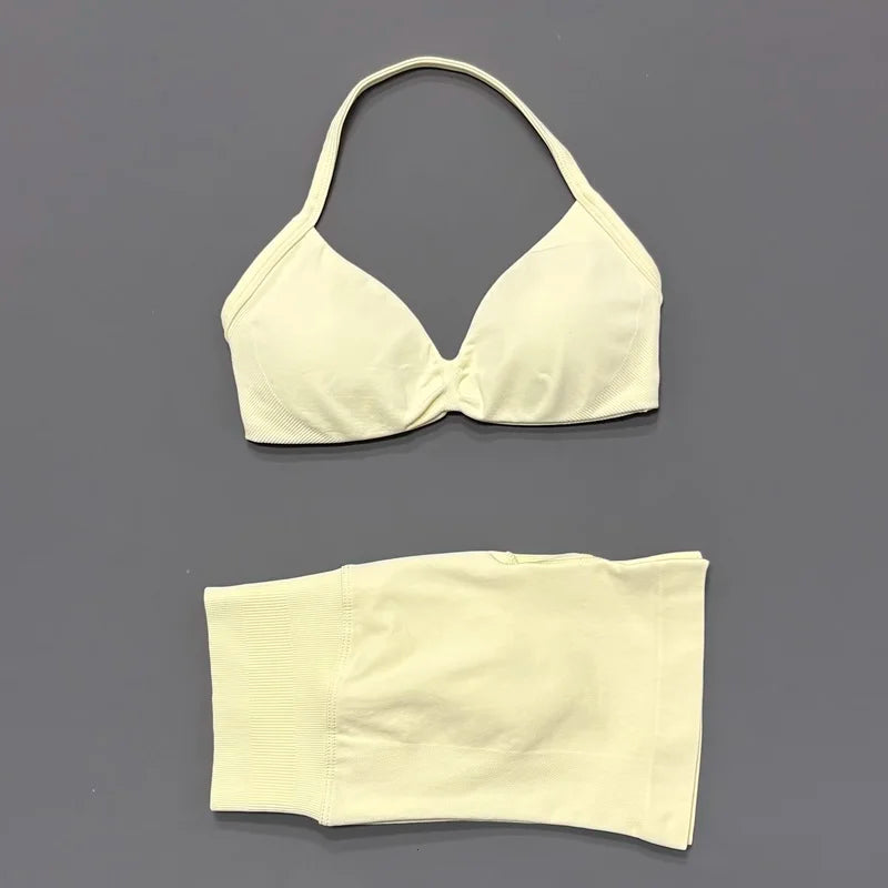 2 Piece Sport Set Women Seamless Yoga Tank Bra High Waist Scrunch Bum Gym Shorts Sets Fitness Running Workout Suit