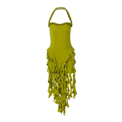 Elegant Halter Solid Ruffles Backless Taseel Sexy Slim Mini Dress Spring Women Cute Outfits Birthday Party Vacation