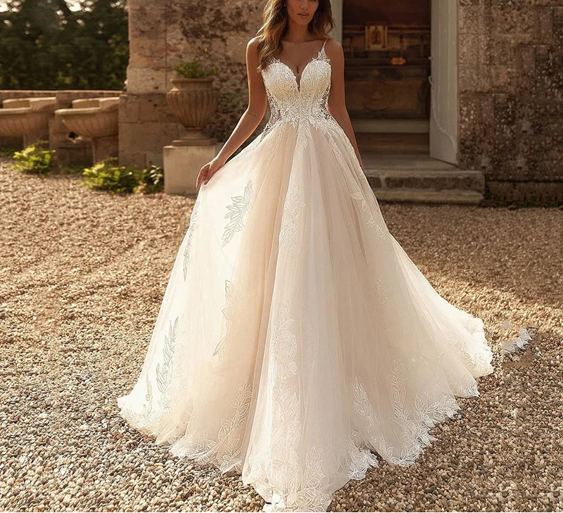 A-line Flowers Appliques vestidos de novia Wedding Dress Spaghetti Strap Bridal Gowns Sweetheart Wedding Gown Customized