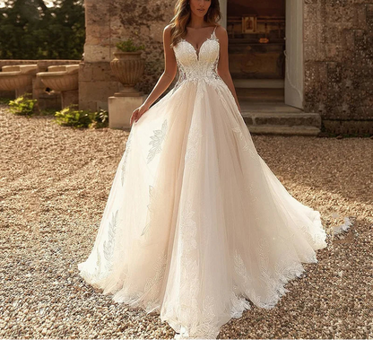 A-line Flowers Appliques vestidos de novia Wedding Dress Spaghetti Strap Bridal Gowns Sweetheart Wedding Gown Customized