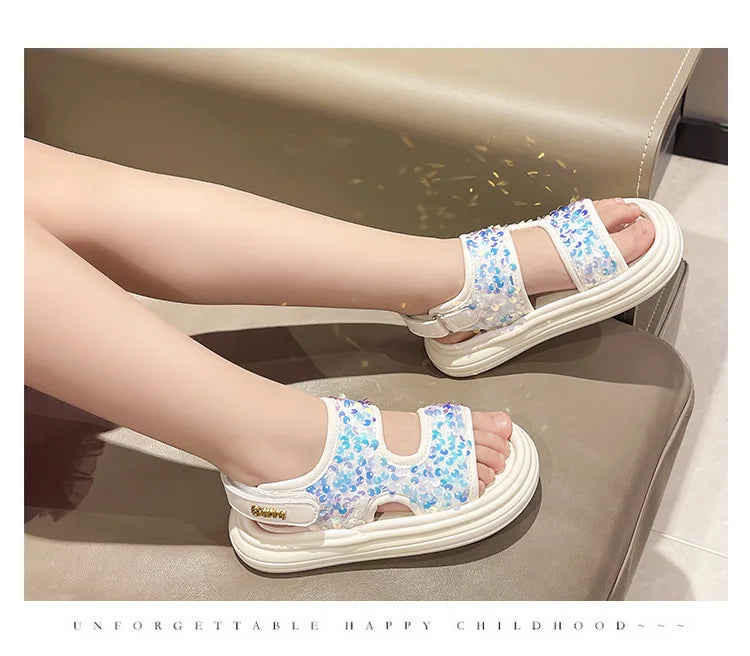 Summer Children's Sandals Sequins Thick Soled Girls Causal Princess Open-toe Sandals Fashion Non-slip Kids Beach Shoes Versatile