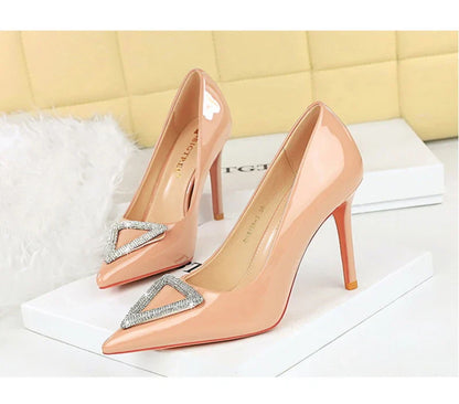 American Banquet High Heels Slim Heels Shiny Patent Leather Shallow Mouth Pointed Toe Shining Rhinestone High Heels Single Shoes
