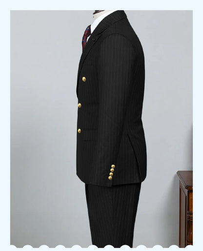 2 Piece Black Striped Men's Suit Set Golden double breasted Lapel Jacket Elastic Pants Wedding Part Prom Dinner Wrok Travel