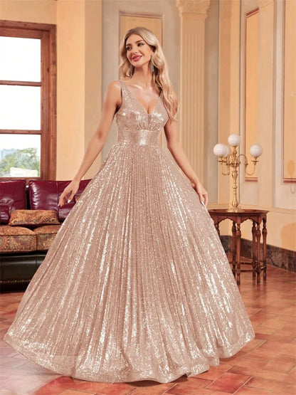 Luxury V Neck Sleeveless Formal Evening Dress Women 2024 Sequins Wedding Party Prom Maxi Cocktail Dresses Vestidos