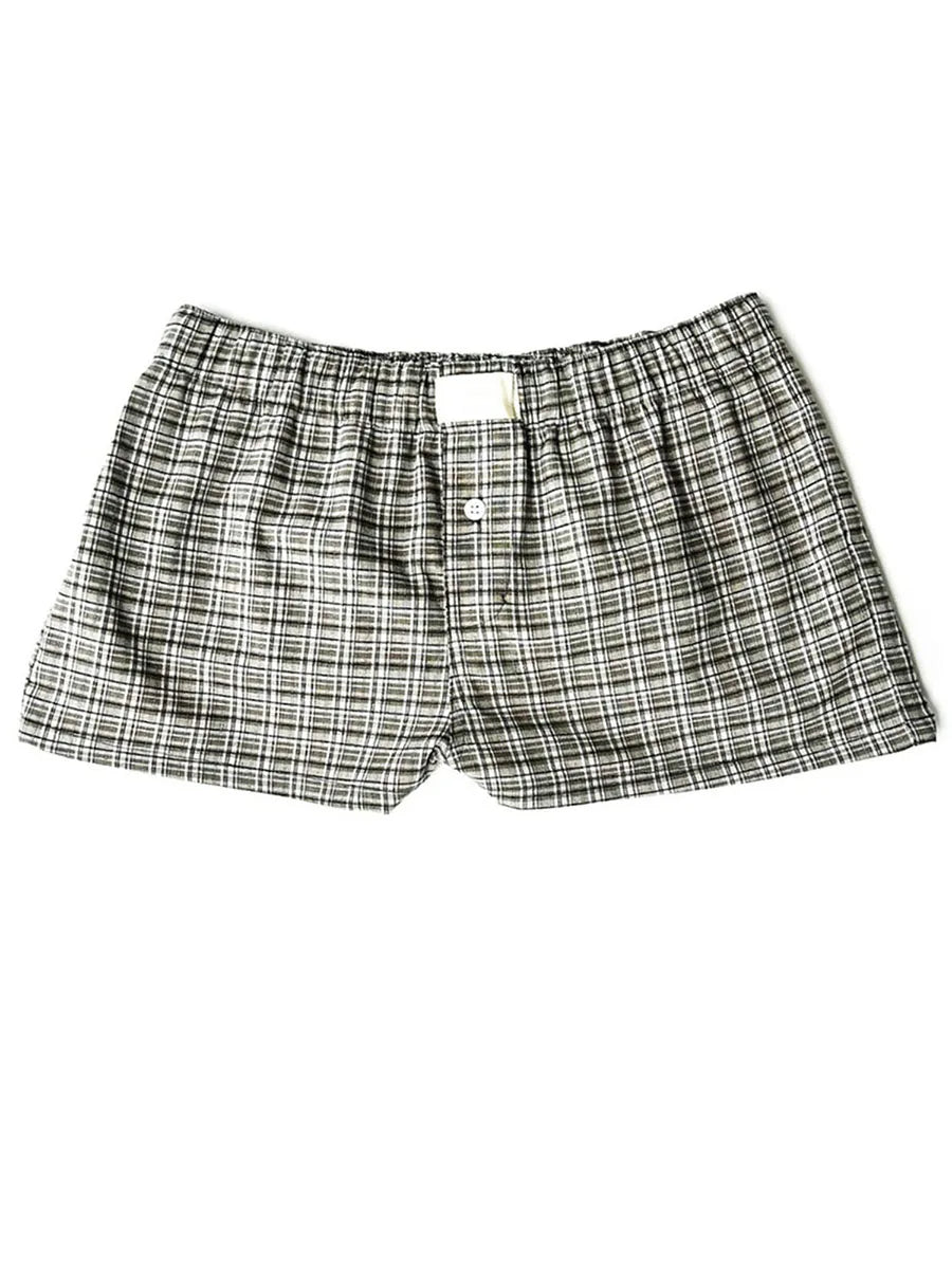 Women’s Y2K Retro Cleanfit Plaid Print Elastic Low Waist Button Front Aesthetic Loungewear Loose Shorts Boxers Streetwear